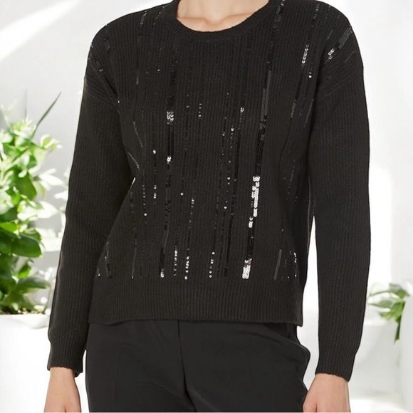 NWT Calvin Klein Women's Sequin Crew Neck Long Sleeve Sweater Black L - Picture 1 of 4
